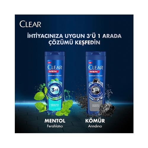 Clear Men 3 İn 1 Şampuan & Duş Jeli Ferahlatıcı Mentol 350 Ml