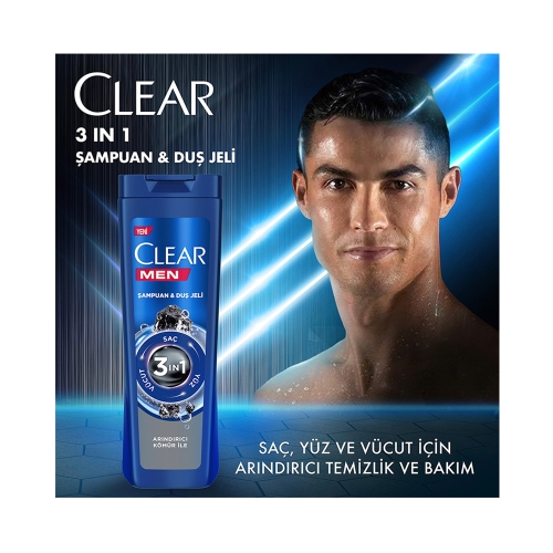 Clear Men 3 İn 1 Şampuan & Duş Jeli Arındırıcı Kömür 350 Ml